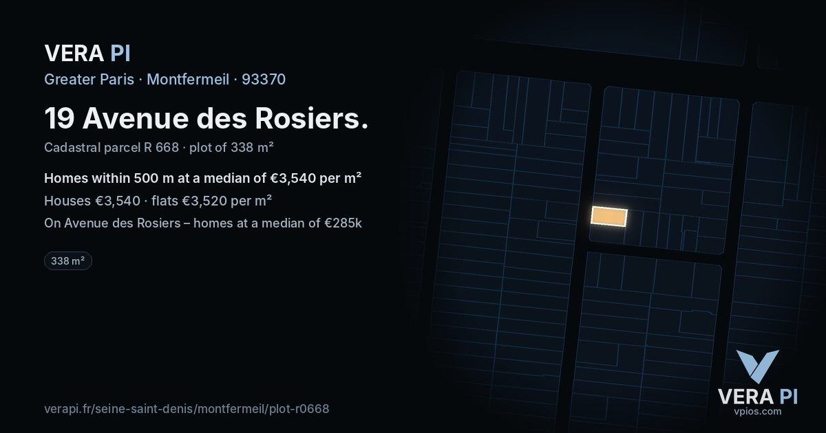 19 Avenue des Rosiers, Montfermeil at night – the plot lit, the parcels around coloured by the prices near them