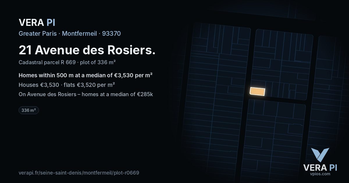 21 Avenue des Rosiers, Montfermeil at night – the plot lit, the parcels around coloured by the prices near them