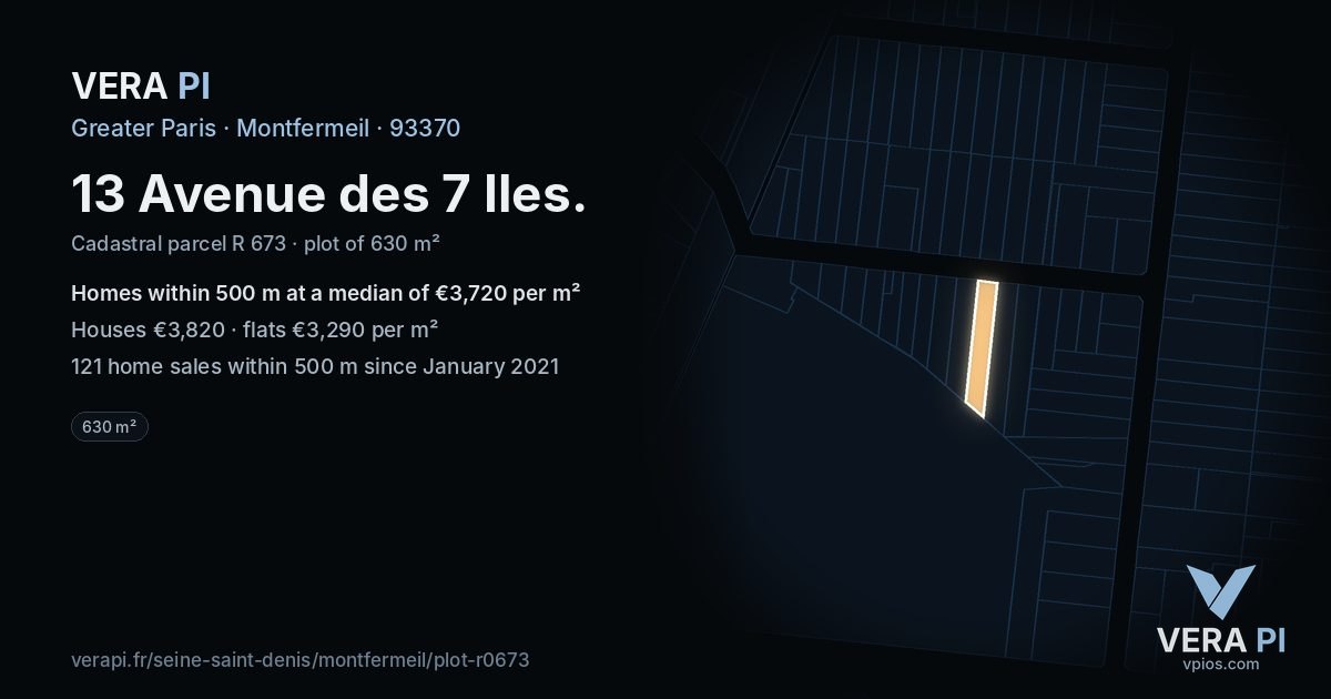 13 Avenue des 7 Iles, Montfermeil at night – the plot lit, the parcels around coloured by the prices near them