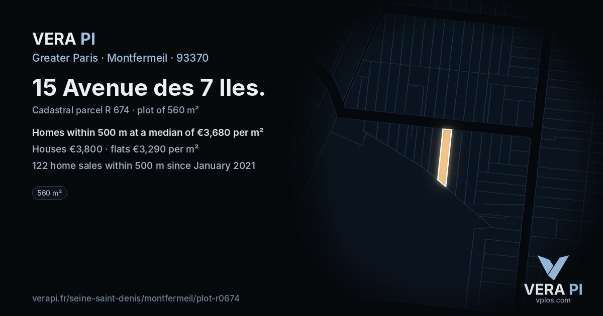 15 Avenue des 7 Iles, Montfermeil at night – the plot lit, the parcels around coloured by the prices near them