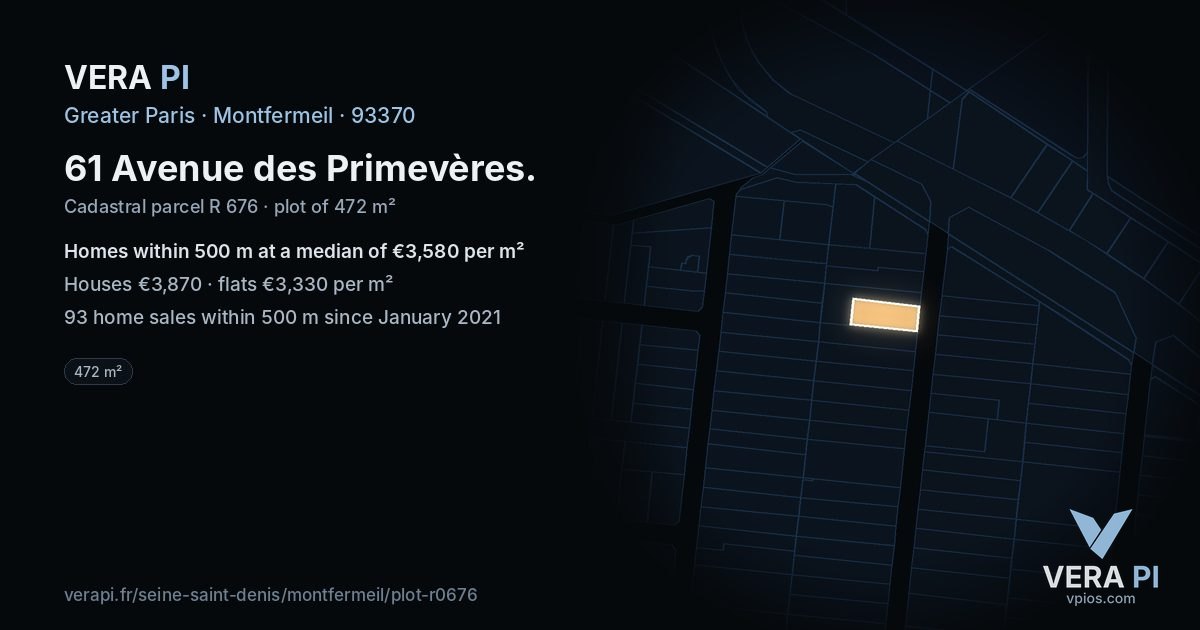 61 Avenue des Primevères, Montfermeil at night – the plot lit, the parcels around coloured by the prices near them