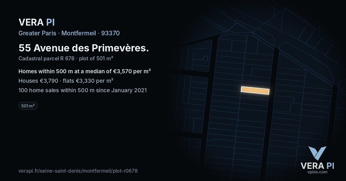 55 Avenue des Primevères, Montfermeil at night – the plot lit, the parcels around coloured by the prices near them