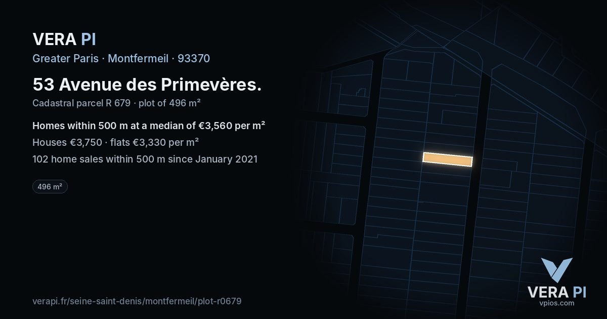 53 Avenue des Primevères, Montfermeil at night – the plot lit, the parcels around coloured by the prices near them