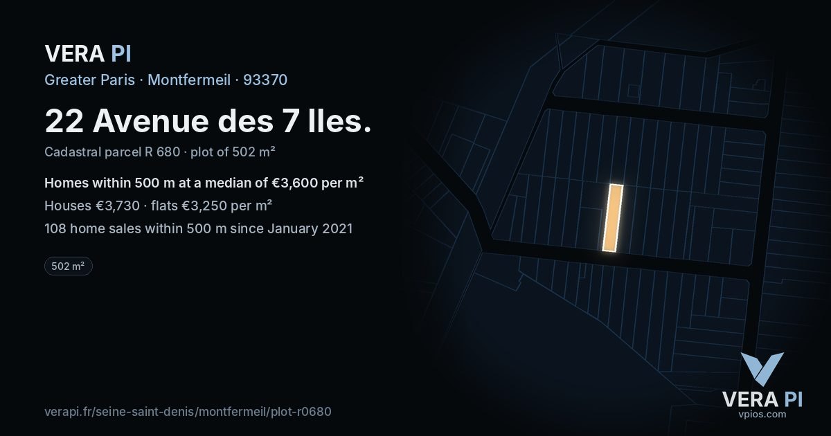 22 Avenue des 7 Iles, Montfermeil at night – the plot lit, the parcels around coloured by the prices near them