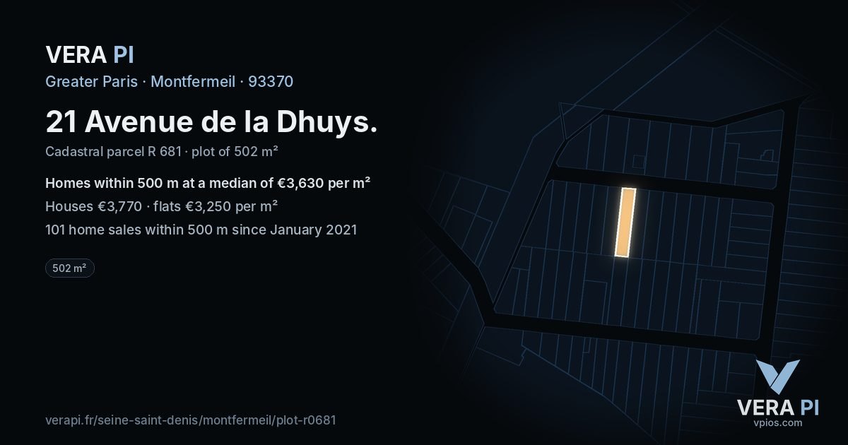 21 Avenue de la Dhuys, Montfermeil at night – the plot lit, the parcels around coloured by the prices near them
