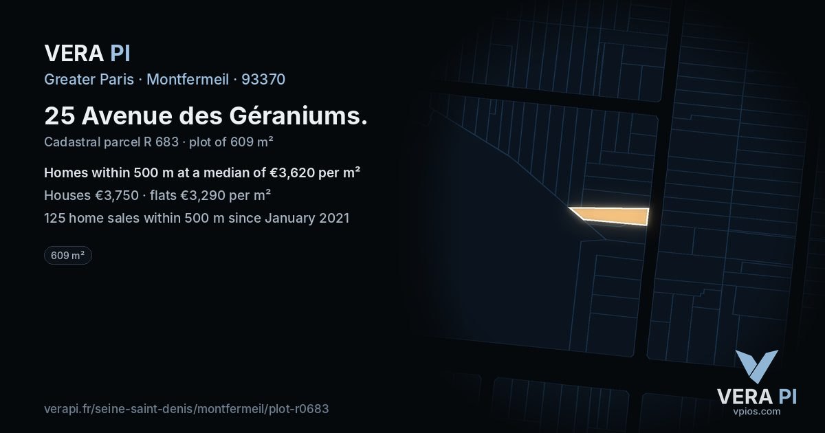25 Avenue des Géraniums, Montfermeil at night – the plot lit, the parcels around coloured by the prices near them