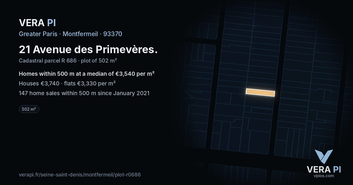 21 Avenue des Primevères, Montfermeil at night – the plot lit, the parcels around coloured by the prices near them