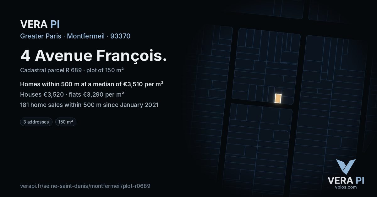 4 Avenue François, Montfermeil at night – the plot lit, the parcels around coloured by the prices near them