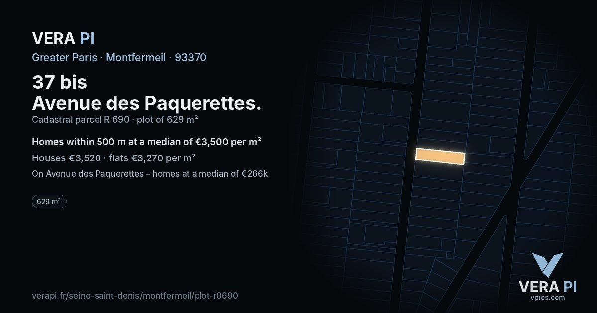 37 bis Avenue des Paquerettes, Montfermeil at night – the plot lit, the parcels around coloured by the prices near them
