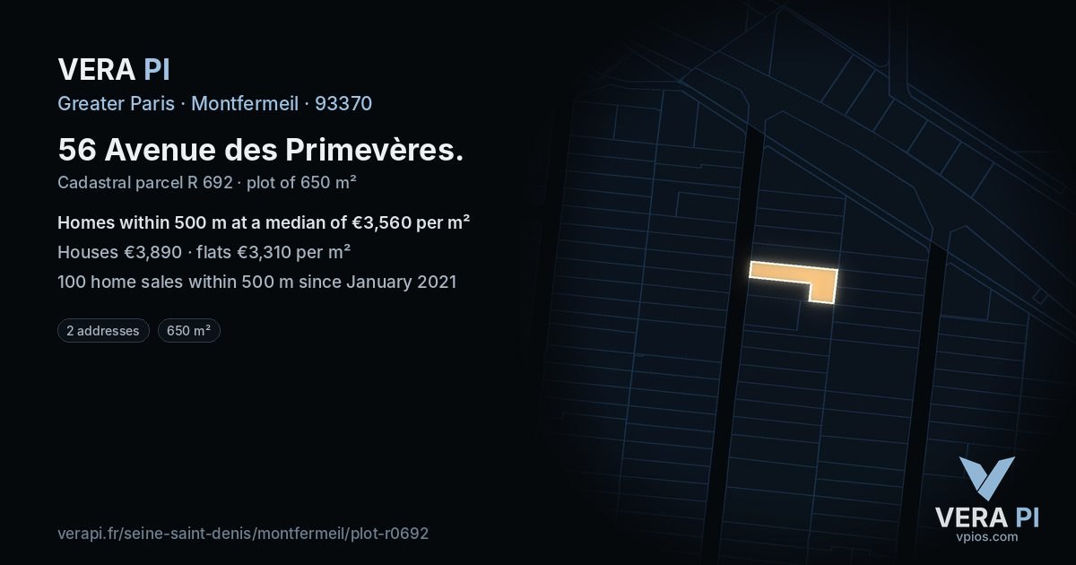 56 Avenue des Primevères, Montfermeil at night – the plot lit, the parcels around coloured by the prices near them