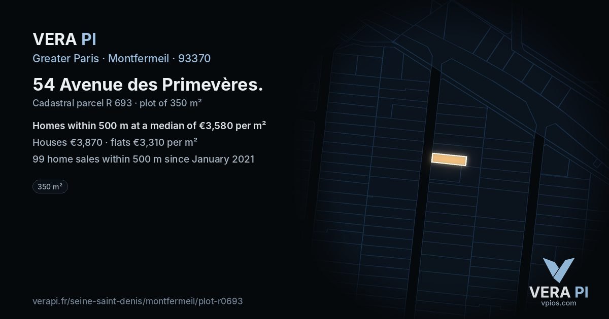 54 Avenue des Primevères, Montfermeil at night – the plot lit, the parcels around coloured by the prices near them