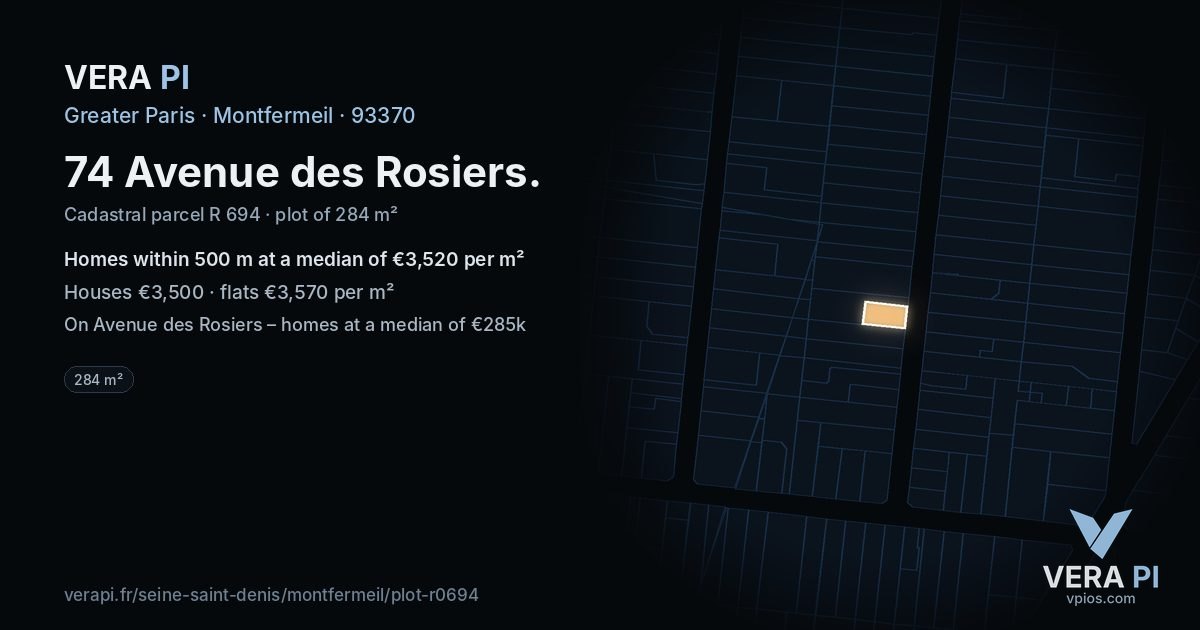74 Avenue des Rosiers, Montfermeil at night – the plot lit, the parcels around coloured by the prices near them
