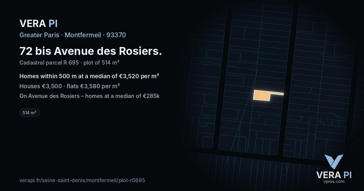 72 bis Avenue des Rosiers, Montfermeil at night – the plot lit, the parcels around coloured by the prices near them