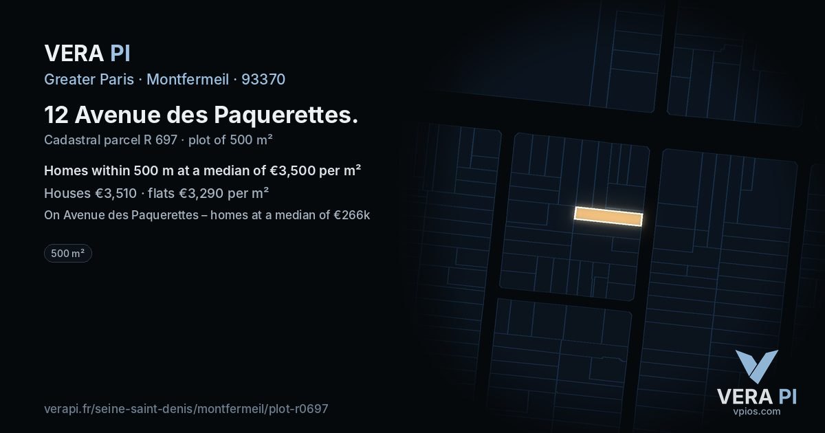 12 Avenue des Paquerettes, Montfermeil at night – the plot lit, the parcels around coloured by the prices near them
