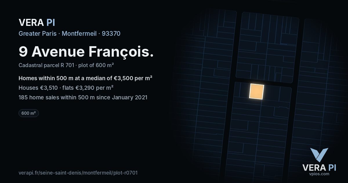 9 Avenue François, Montfermeil at night – the plot lit, the parcels around coloured by the prices near them