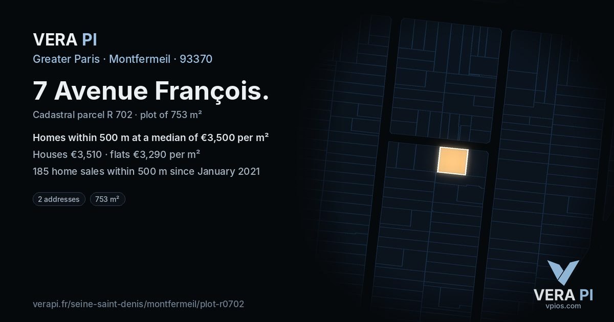 7 Avenue François, Montfermeil at night – the plot lit, the parcels around coloured by the prices near them