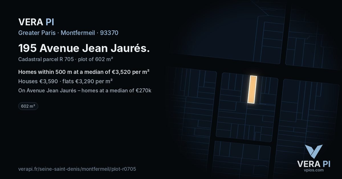 195 Avenue Jean Jaurés, Montfermeil at night – the plot lit, the parcels around coloured by the prices near them