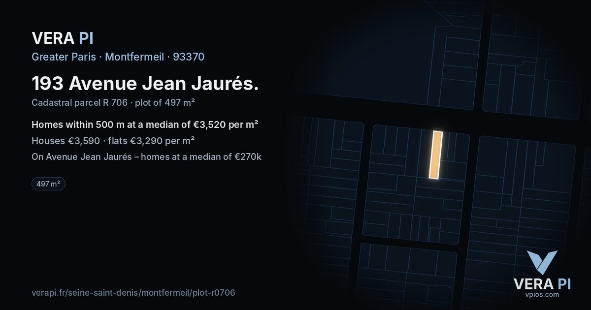 193 Avenue Jean Jaurés, Montfermeil at night – the plot lit, the parcels around coloured by the prices near them