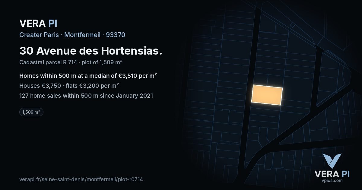 30 Avenue des Hortensias, Montfermeil at night – the plot lit, the parcels around coloured by the prices near them