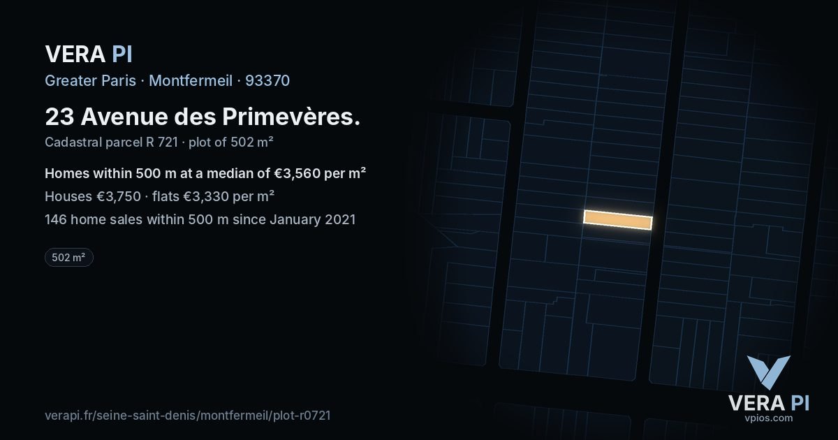 23 Avenue des Primevères, Montfermeil at night – the plot lit, the parcels around coloured by the prices near them