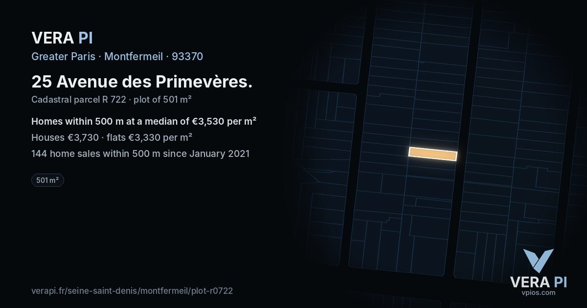 25 Avenue des Primevères, Montfermeil at night – the plot lit, the parcels around coloured by the prices near them