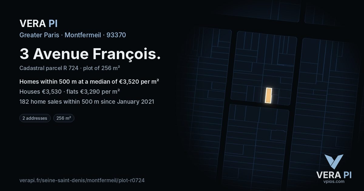 3 Avenue François, Montfermeil at night – the plot lit, the parcels around coloured by the prices near them