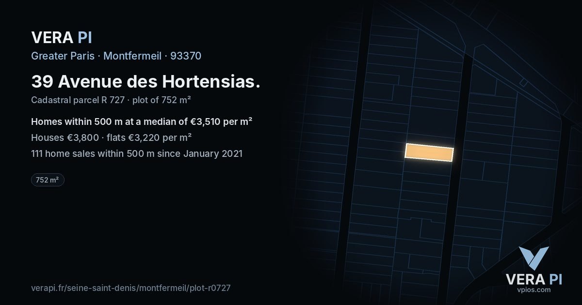 39 Avenue des Hortensias, Montfermeil at night – the plot lit, the parcels around coloured by the prices near them