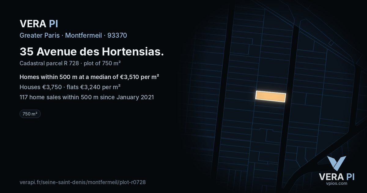 35 Avenue des Hortensias, Montfermeil at night – the plot lit, the parcels around coloured by the prices near them