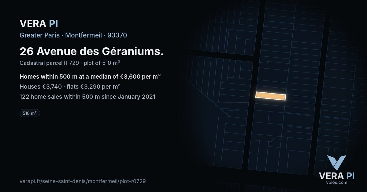 26 Avenue des Géraniums, Montfermeil at night – the plot lit, the parcels around coloured by the prices near them