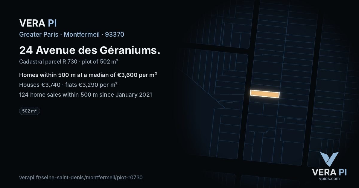 24 Avenue des Géraniums, Montfermeil at night – the plot lit, the parcels around coloured by the prices near them
