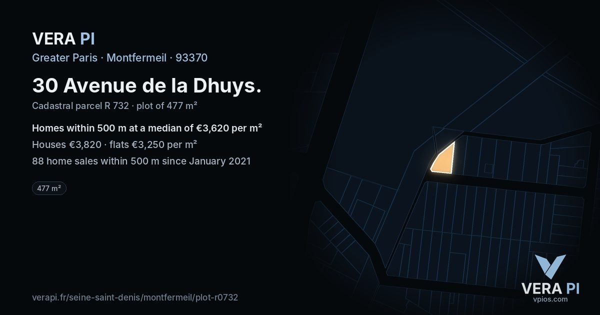 30 Avenue de la Dhuys, Montfermeil at night – the plot lit, the parcels around coloured by the prices near them