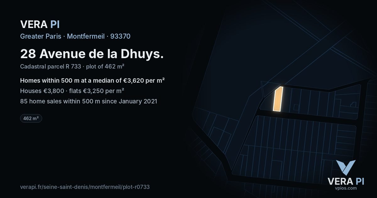 28 Avenue de la Dhuys, Montfermeil at night – the plot lit, the parcels around coloured by the prices near them