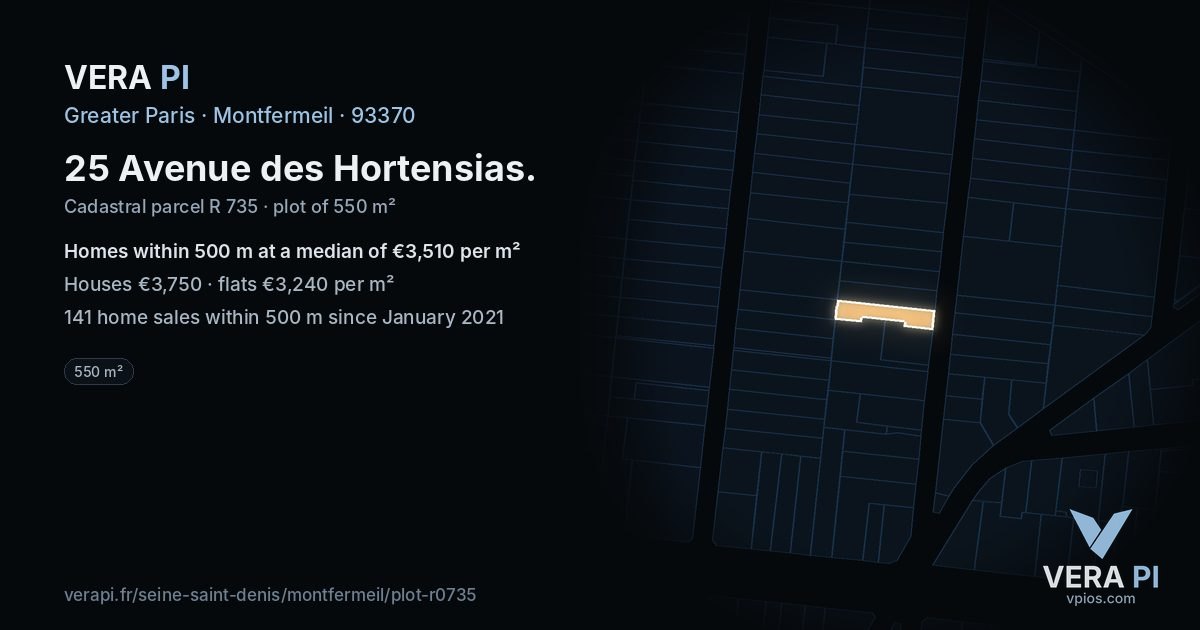 25 Avenue des Hortensias, Montfermeil at night – the plot lit, the parcels around coloured by the prices near them