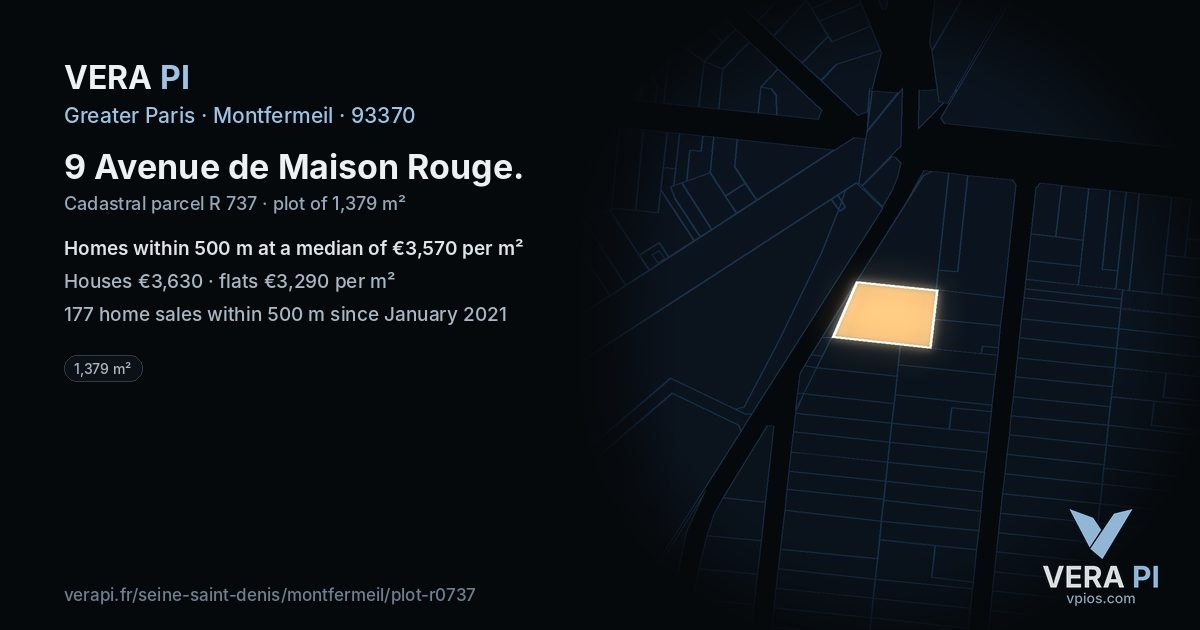 9 Avenue de Maison Rouge, Montfermeil at night – the plot lit, the parcels around coloured by the prices near them