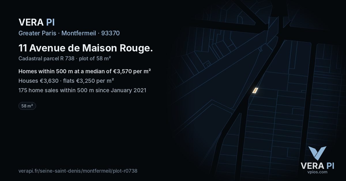 11 Avenue de Maison Rouge, Montfermeil at night – the plot lit, the parcels around coloured by the prices near them