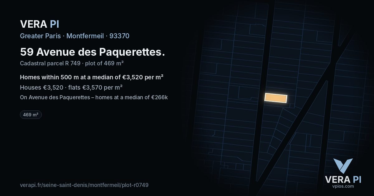 59 Avenue des Paquerettes, Montfermeil at night – the plot lit, the parcels around coloured by the prices near them