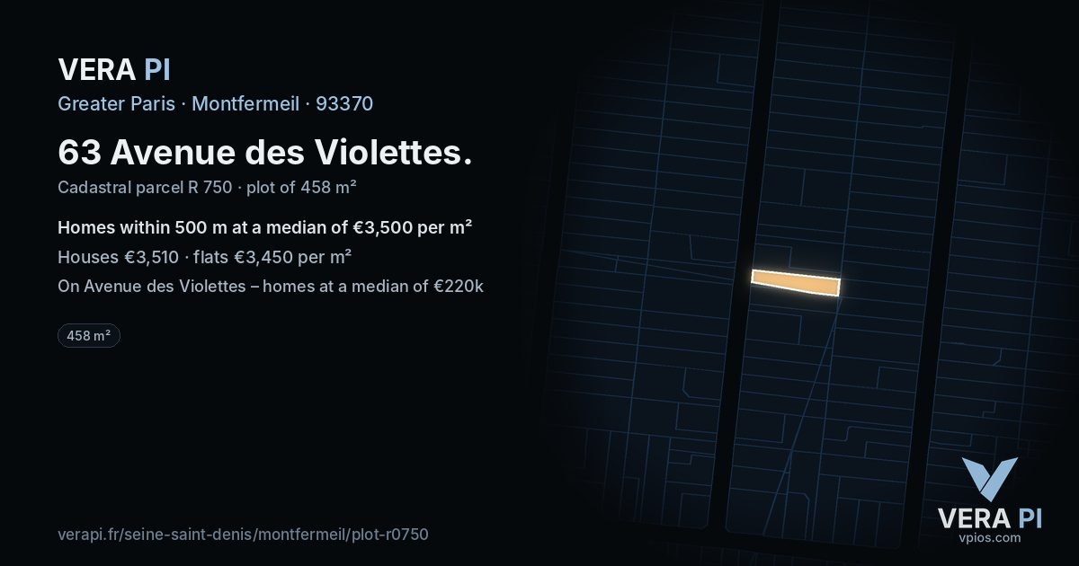 63 Avenue des Violettes, Montfermeil at night – the plot lit, the parcels around coloured by the prices near them