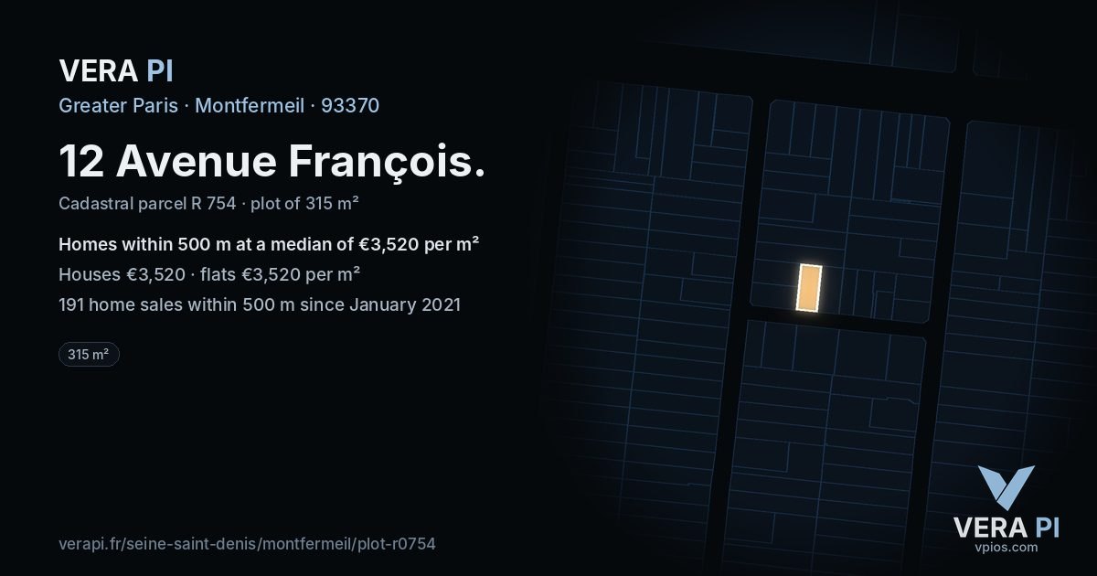 12 Avenue François, Montfermeil at night – the plot lit, the parcels around coloured by the prices near them