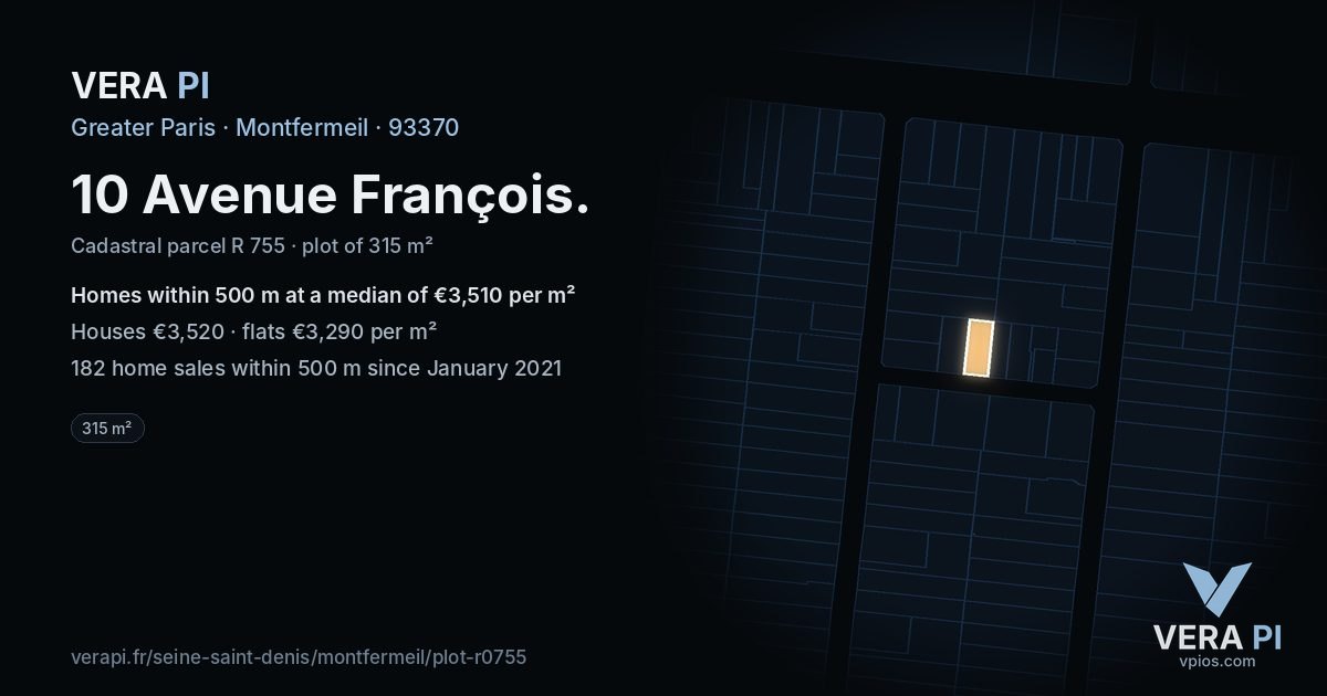 10 Avenue François, Montfermeil at night – the plot lit, the parcels around coloured by the prices near them