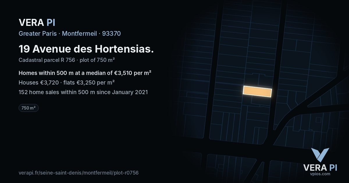 19 Avenue des Hortensias, Montfermeil at night – the plot lit, the parcels around coloured by the prices near them