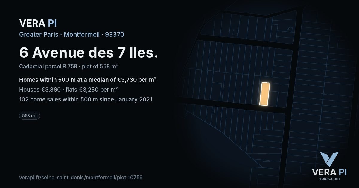 6 Avenue des 7 Iles, Montfermeil at night – the plot lit, the parcels around coloured by the prices near them