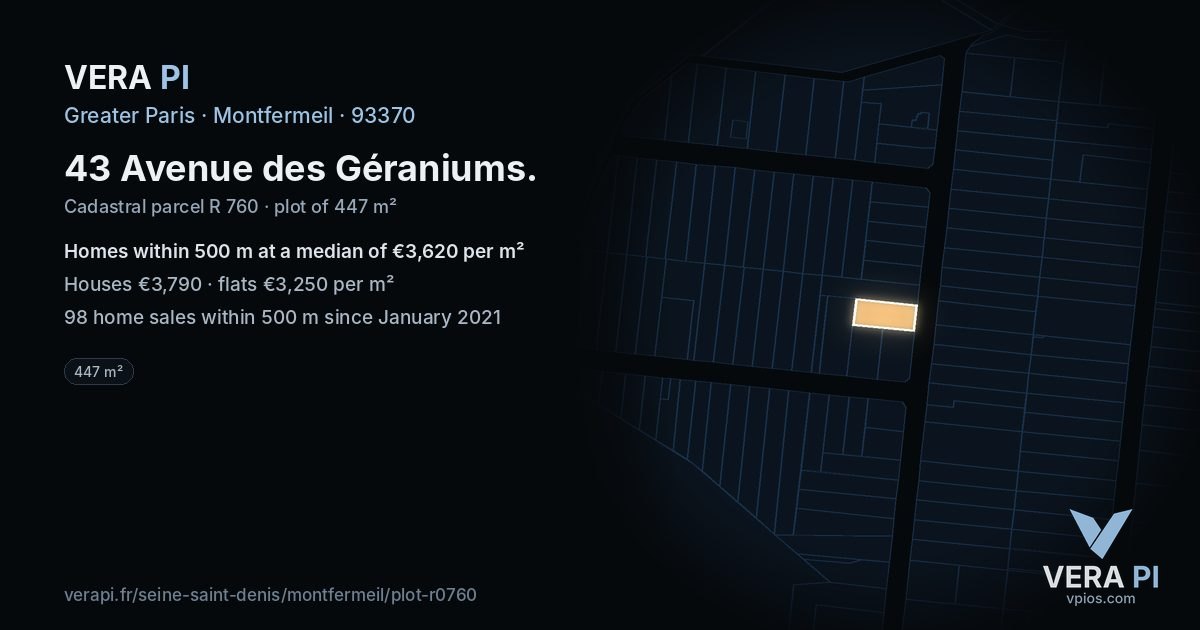 43 Avenue des Géraniums, Montfermeil at night – the plot lit, the parcels around coloured by the prices near them