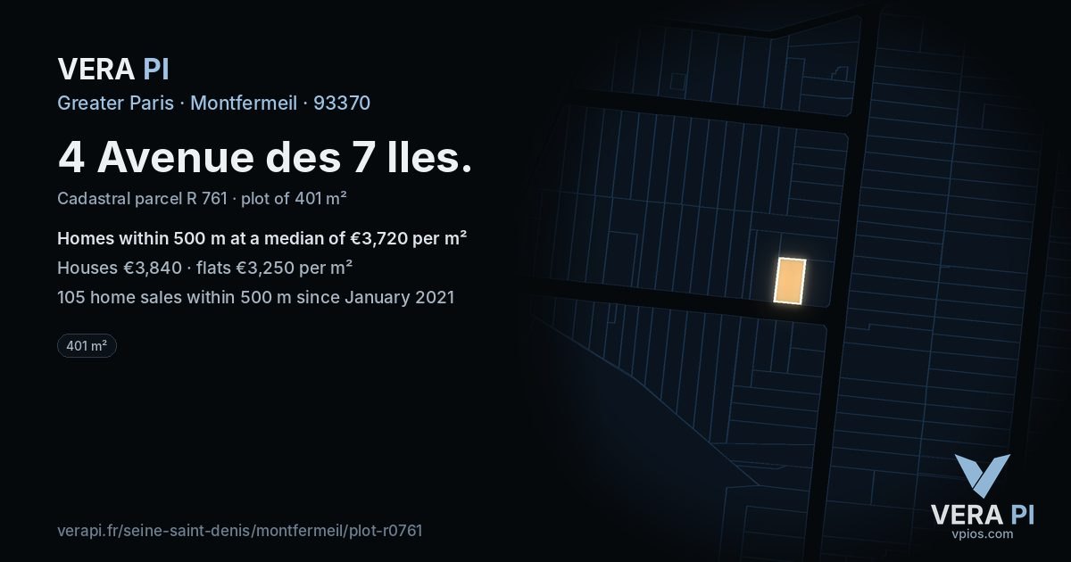 4 Avenue des 7 Iles, Montfermeil at night – the plot lit, the parcels around coloured by the prices near them
