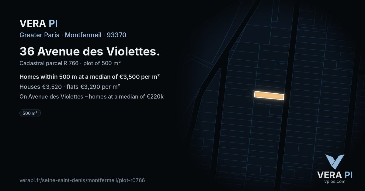 36 Avenue des Violettes, Montfermeil at night – the plot lit, the parcels around coloured by the prices near them