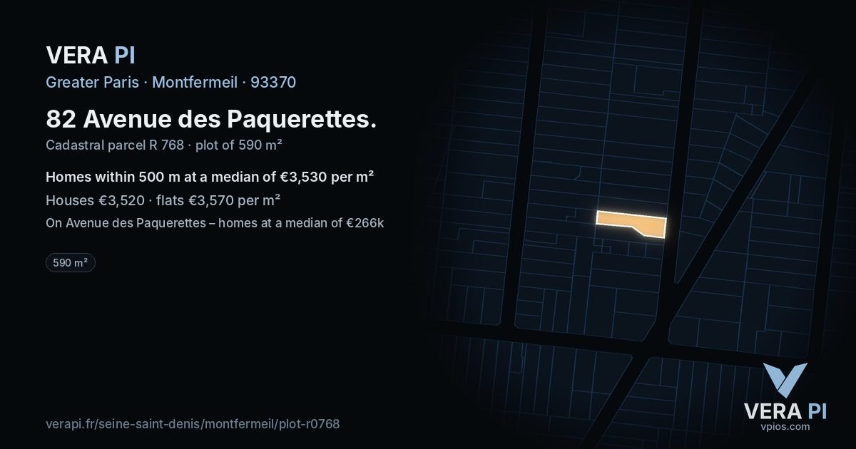 82 Avenue des Paquerettes, Montfermeil at night – the plot lit, the parcels around coloured by the prices near them