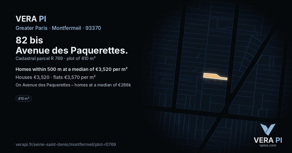 82 bis Avenue des Paquerettes, Montfermeil at night – the plot lit, the parcels around coloured by the prices near them