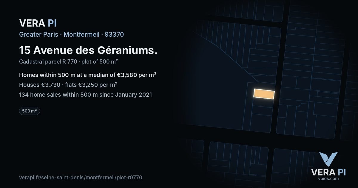 15 Avenue des Géraniums, Montfermeil at night – the plot lit, the parcels around coloured by the prices near them