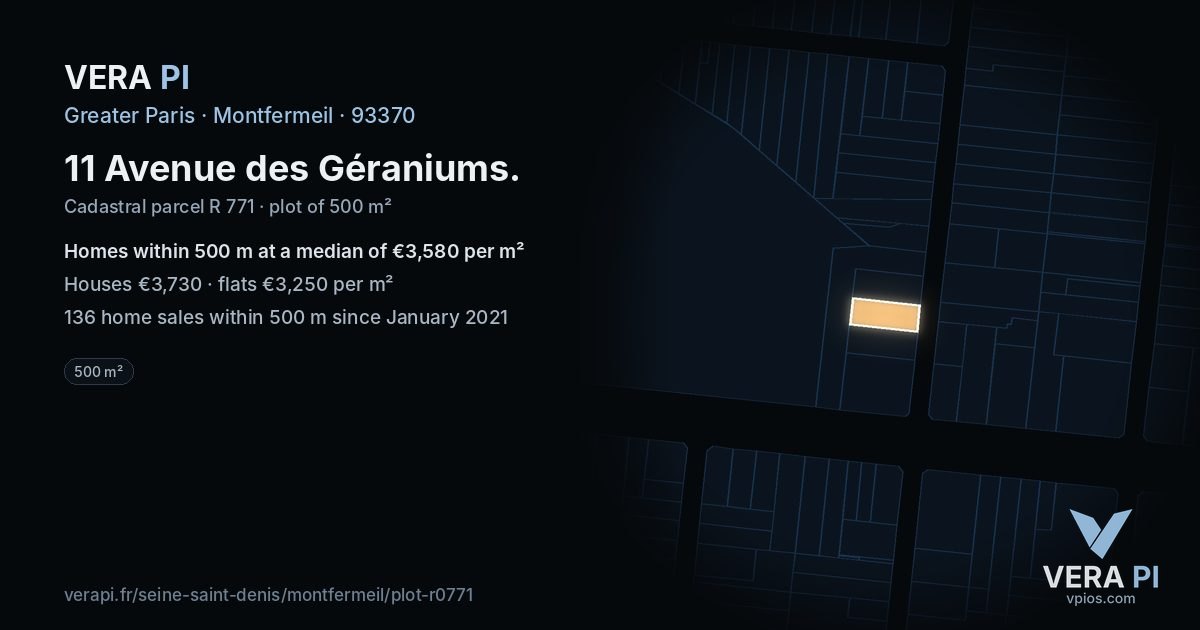 11 Avenue des Géraniums, Montfermeil at night – the plot lit, the parcels around coloured by the prices near them