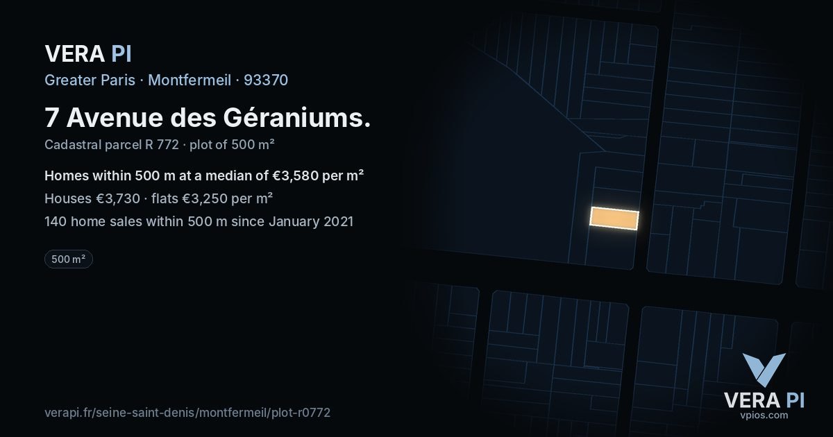 7 Avenue des Géraniums, Montfermeil at night – the plot lit, the parcels around coloured by the prices near them