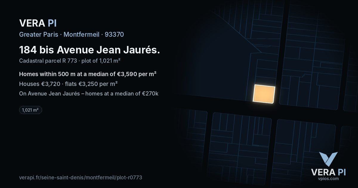 184 bis Avenue Jean Jaurés, Montfermeil at night – the plot lit, the parcels around coloured by the prices near them